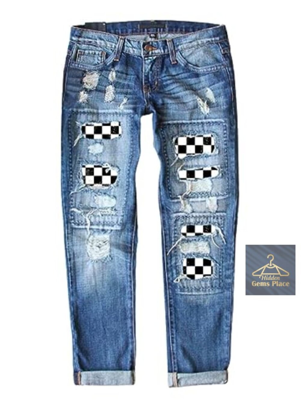 Distressed Boyfriend Jeans for Women Plaid Patch Skinny Denim Pants